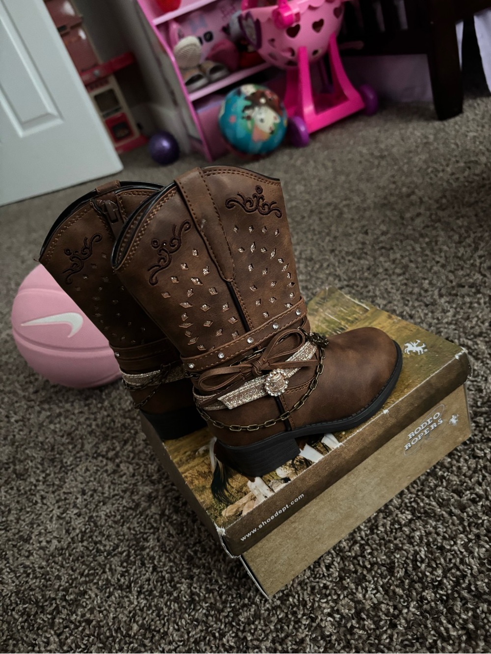 Kids Brown Studded Western Pull-On Boots with Decorative Straps